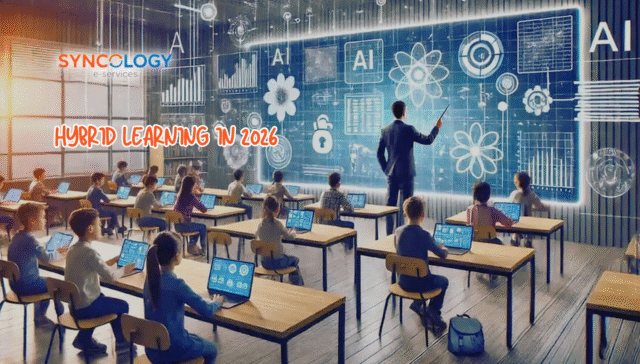 فصل دراسي حديث يوضح التعليم عن بعد، حيث يستخدم الطلاب الأجهزة الرقمية بينما يدمج المعلم الذكاء الاصطناعي وأدوات التعلم الذكية.