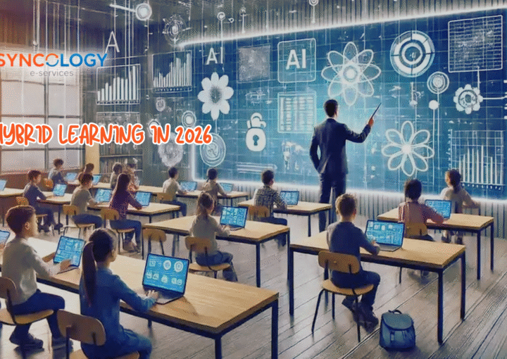 A modern classroom showcasing hybrid learning, where students use digital devices while a teacher integrates AI and interactive smart learning tools.