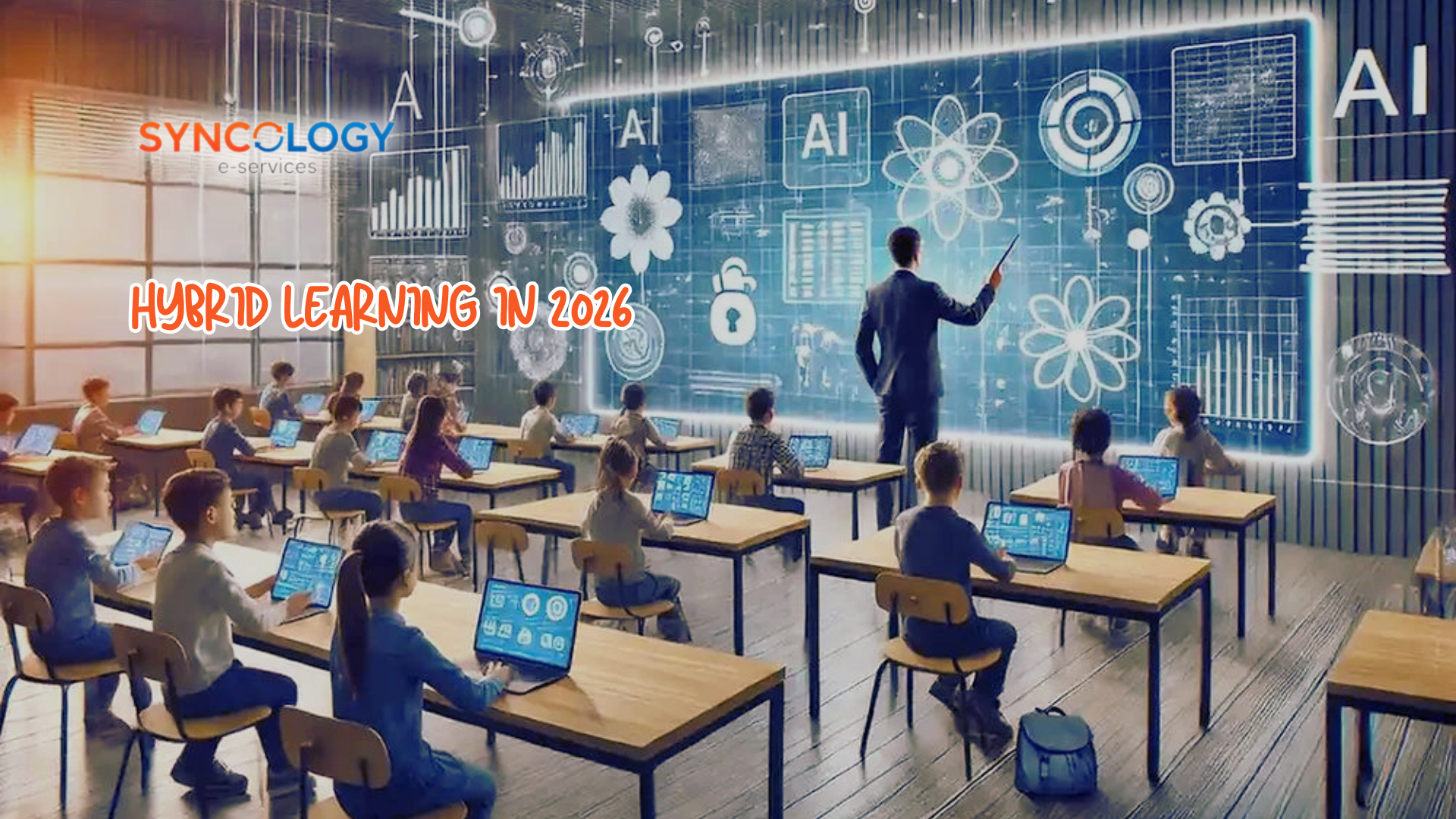 A modern classroom showcasing hybrid learning, where students use digital devices while a teacher integrates AI and interactive smart learning tools.