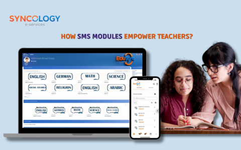 SMS Modules interface showing teacher access to courses, subjects, and student data on desktop and mobile devices