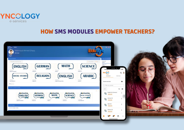 SMS Modules interface showing teacher access to courses, subjects, and student data on desktop and mobile devices