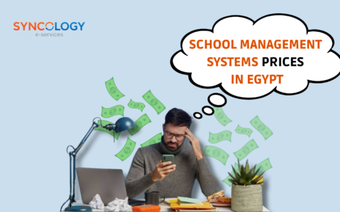 A professional graphic comparing various tiers of School Management System Price, featuring icons for database management and financial growth.
