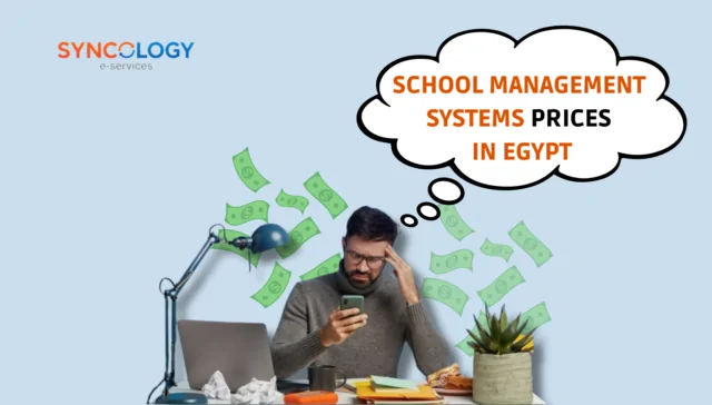 A professional graphic comparing various tiers of School Management System Price, featuring icons for database management and financial growth.