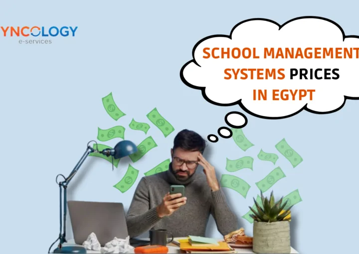 A professional graphic comparing various tiers of School Management System Price, featuring icons for database management and financial growth.