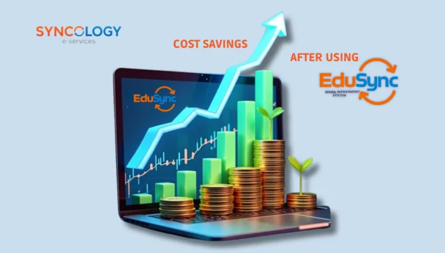 A digital graphic for Syncology and EduSync featuring a laptop with a rising growth arrow and stacks of gold coins to illustrate the ROI of Integrated Education Systems.