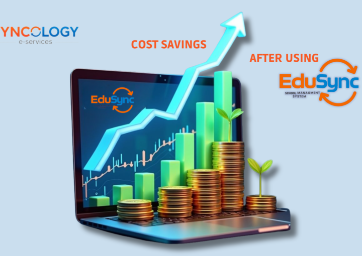 A digital graphic for Syncology and EduSync featuring a laptop with a rising growth arrow and stacks of gold coins to illustrate the ROI of Integrated Education Systems.