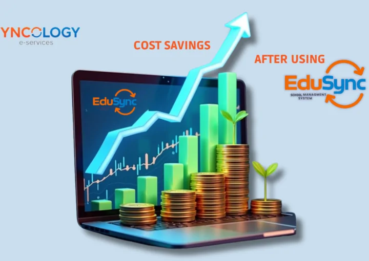 A digital graphic for Syncology and EduSync featuring a laptop with a rising growth arrow and stacks of gold coins to illustrate the ROI of Integrated Education Systems.