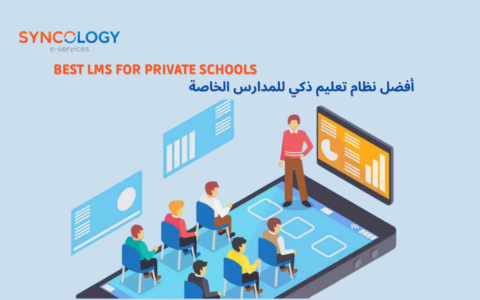 An illustrative graphic showing students in a virtual classroom on a large smartphone screen, representing the Best LMS for Private School by Syncology.