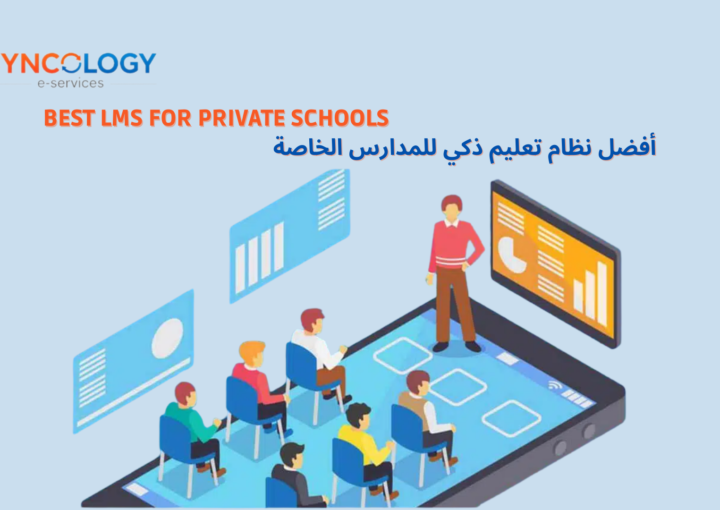 An illustrative graphic showing students in a virtual classroom on a large smartphone screen, representing the Best LMS for Private School by Syncology.