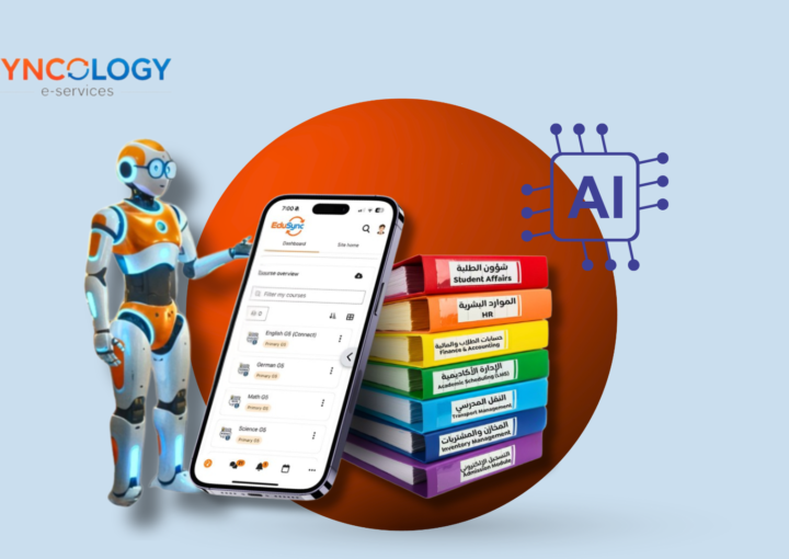 A futuristic robot standing next to a smartphone displaying the EduSync dashboard and colorful books labeled with administrative modules, representing a School Management System with AI.