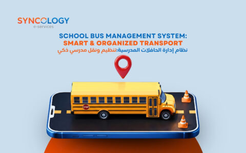 3D illustration of a yellow school bus on a smartphone screen representing a School Bus Management System app.