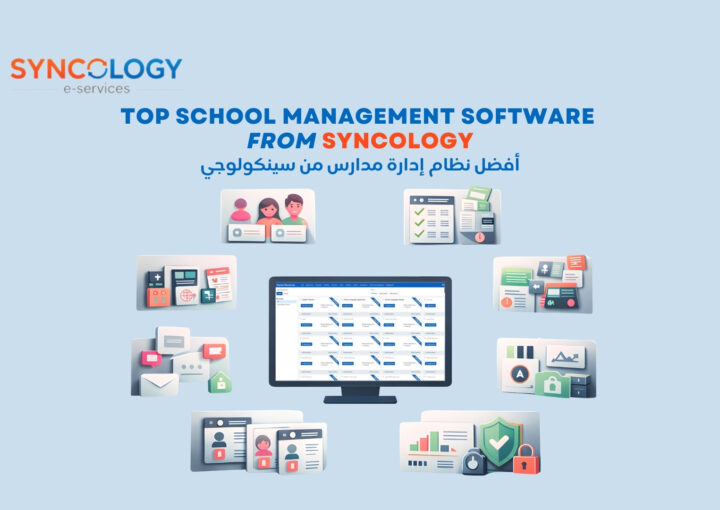 A digital dashboard surrounded by various functional modules representing a comprehensive School Management Software.