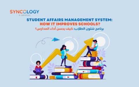 رسم توضيحي لطلاب ومعلم يعبر عن الحلول الرقمية التي يقدمها برنامج شئون الطلاب.
