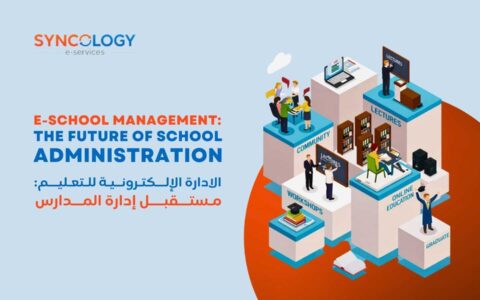 Flat design illustration of students, a teacher, and various digital education icons representing E-School Management.