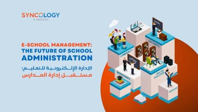 Flat design illustration of students, a teacher, and various digital education icons representing E-School Management.