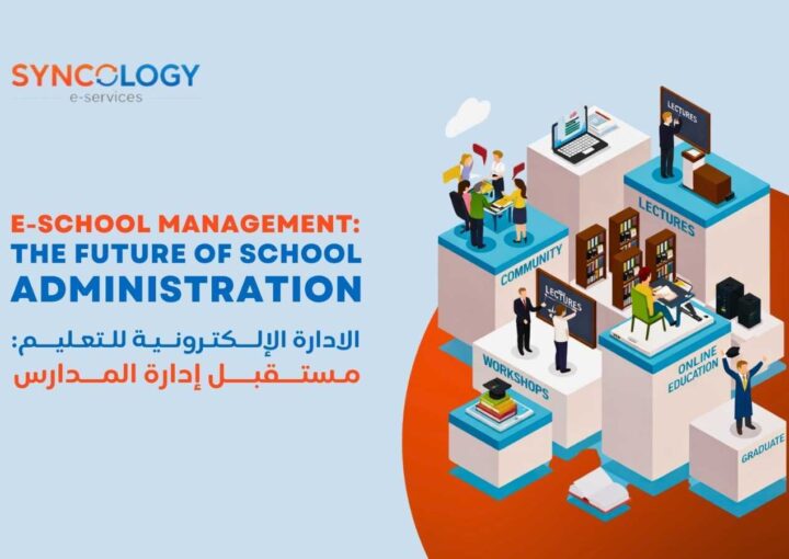 Flat design illustration of students, a teacher, and various digital education icons representing E-School Management.