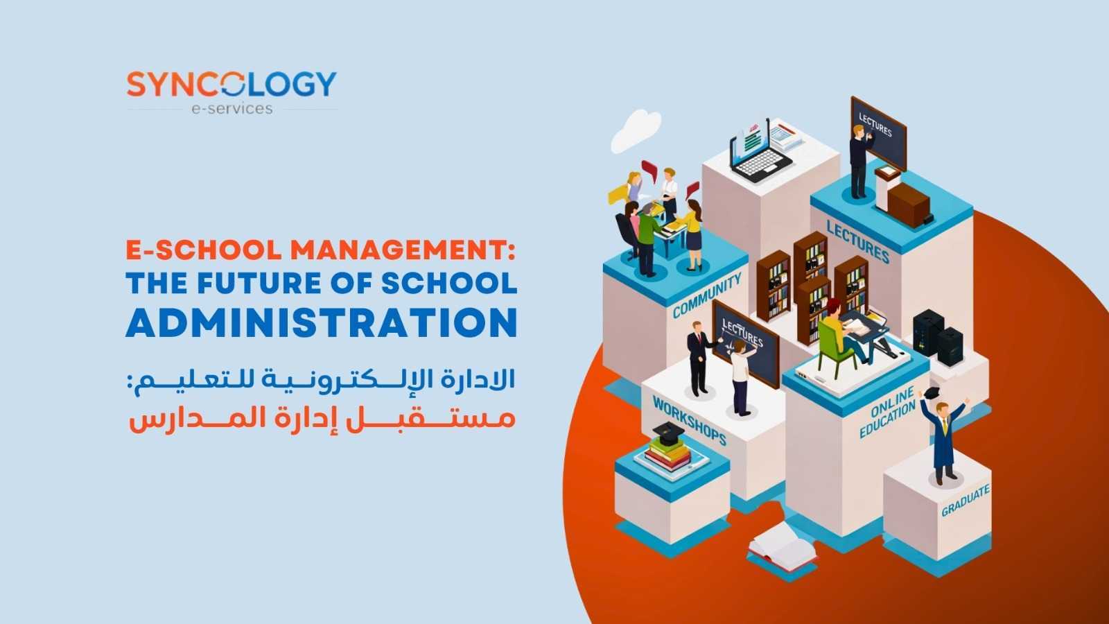 Flat design illustration of students, a teacher, and various digital education icons representing E-School Management.