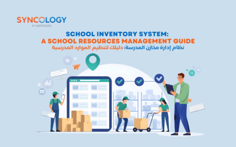 Illustration of staff managing boxes and school supplies using a tablet, representing a School Inventory System.