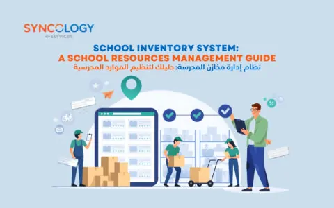 Illustration of staff managing boxes and school supplies using a tablet, representing a School Inventory System.