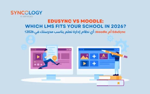 A comparative illustration of two computer screens showing different e-learning interfaces to represent EduSync vs Moodle.