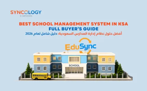 A 3D architectural model of a modern school building with a yellow school bus, representing a School Management System in KSA.