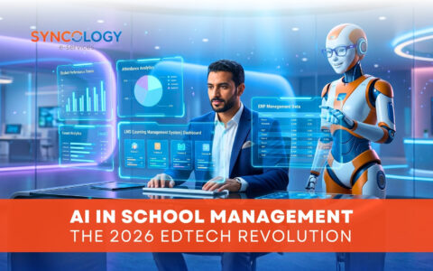 AI in school management - The 2026 EdTech Revolution 6 A futuristic digital dashboard showing student performance trends and ERP data being analyzed by a professional and an AI robot, representing AI in school management.