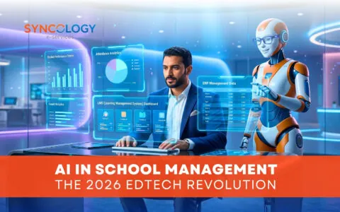 A futuristic digital dashboard showing student performance trends and ERP data being analyzed by a professional and an AI robot, representing AI in school management.