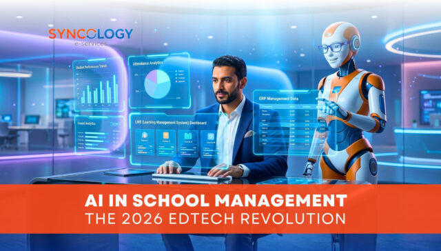 AI in school management - The 2026 EdTech Revolution 3 A futuristic digital dashboard showing student performance trends and ERP data being analyzed by a professional and an AI robot, representing AI in school management.