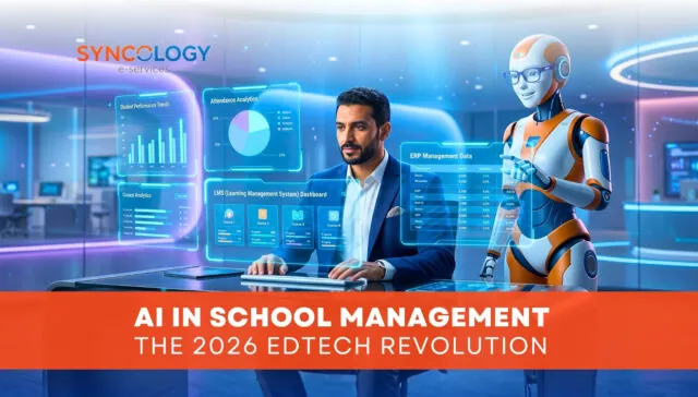 A futuristic digital dashboard showing student performance trends and ERP data being analyzed by a professional and an AI robot, representing AI in school management.