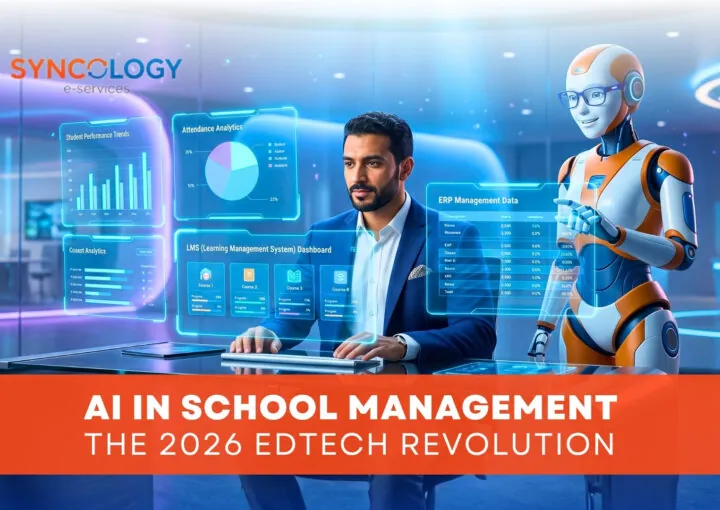 A futuristic digital dashboard showing student performance trends and ERP data being analyzed by a professional and an AI robot, representing AI in school management.