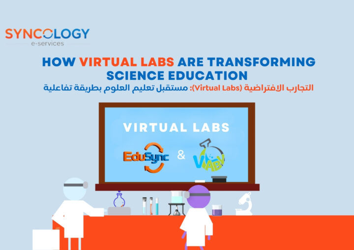 رسم توضيحي لشاشة تعليمية تعرض منصات التجارب الافتراضية (Virtual Labs) مع شعاري EduSync وVlaby.