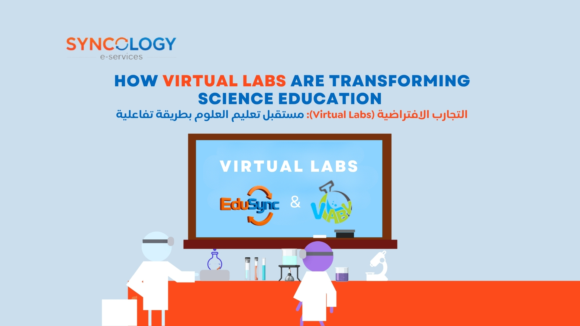 An illustration of a digital classroom screen displaying Virtual Labs with the EduSync and Vlaby logos.