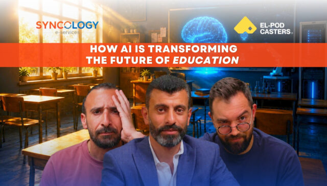 Three men showing expressive, thoughtful faces inside a classroom with a futuristic holographic brain glowing on the chalkboard, representing the Future of Education.