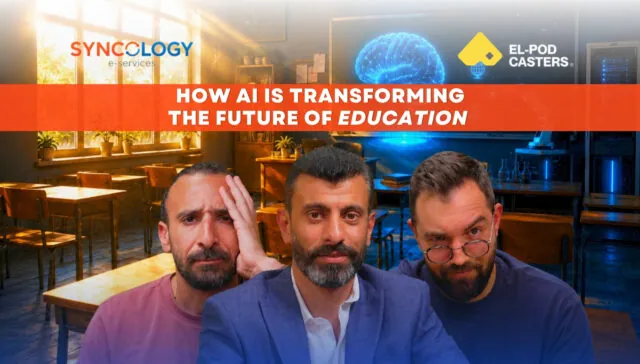Three men showing expressive, thoughtful faces inside a classroom with a futuristic holographic brain glowing on the chalkboard, representing the Future of Education.
