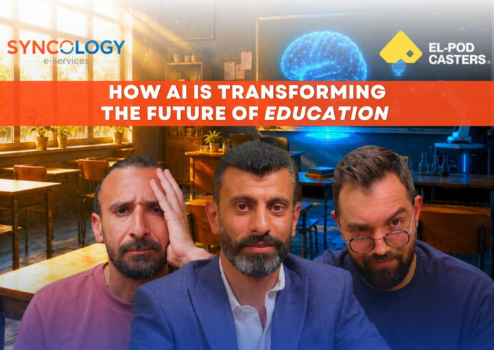 Three men showing expressive, thoughtful faces inside a classroom with a futuristic holographic brain glowing on the chalkboard, representing the Future of Education.
