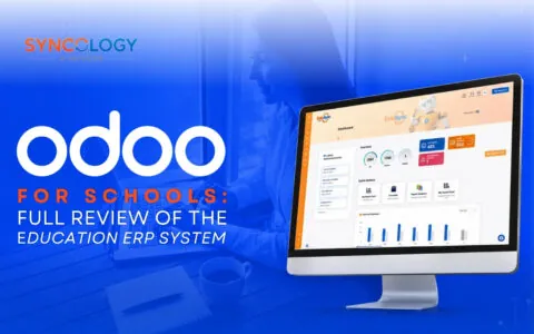 A desktop monitor displaying the EduSync dashboard interface next to the bold text overlay reading Odoo for schools.