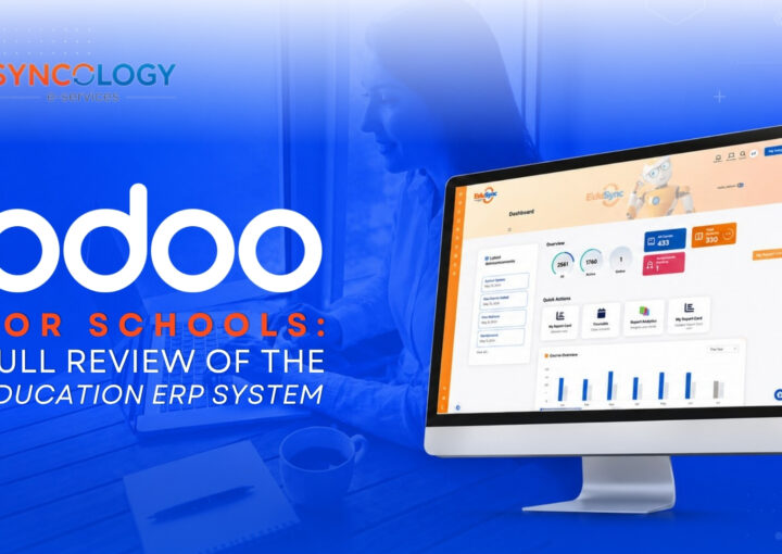 A desktop monitor displaying the EduSync dashboard interface next to the bold text overlay reading Odoo for schools.