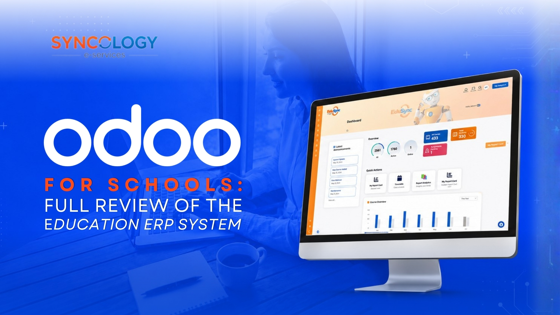 A desktop monitor displaying the EduSync dashboard interface next to the bold text overlay reading Odoo for schools.