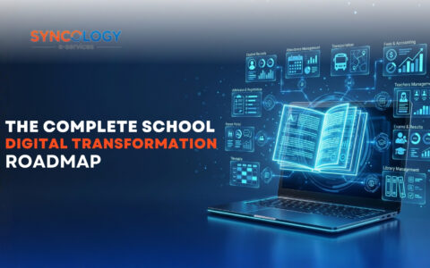 The Complete School Digital Transformation Roadmap 5 An open glowing digital book holographic overlay coming out of a laptop screen, illustrating the core components of a School Digital Transformation initiative by Syncology e-services.