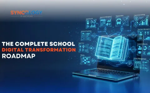 An open glowing digital book holographic overlay coming out of a laptop screen, illustrating the core components of a School Digital Transformation initiative by Syncology e-services.