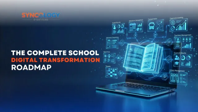 The Complete School Digital Transformation Roadmap 3 An open glowing digital book holographic overlay coming out of a laptop screen, illustrating the core components of a School Digital Transformation initiative by Syncology e-services.