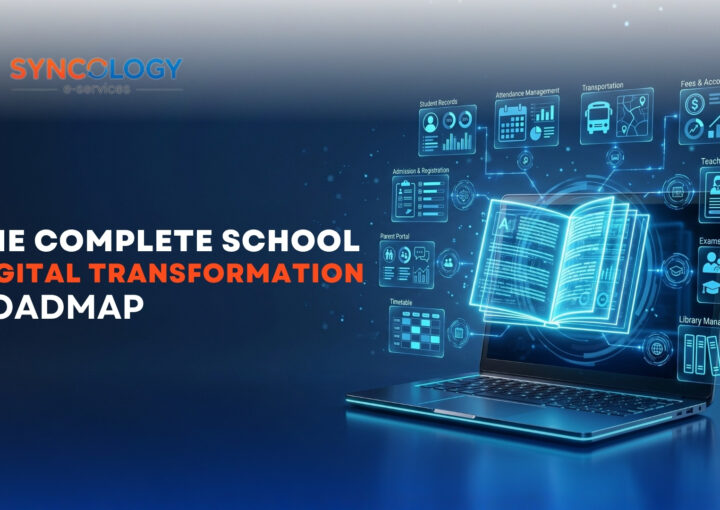 An open glowing digital book holographic overlay coming out of a laptop screen, illustrating the core components of a School Digital Transformation initiative by Syncology e-services.