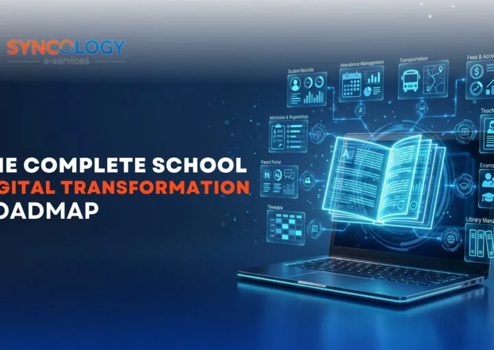 An open glowing digital book holographic overlay coming out of a laptop screen, illustrating the core components of a School Digital Transformation initiative by Syncology e-services.