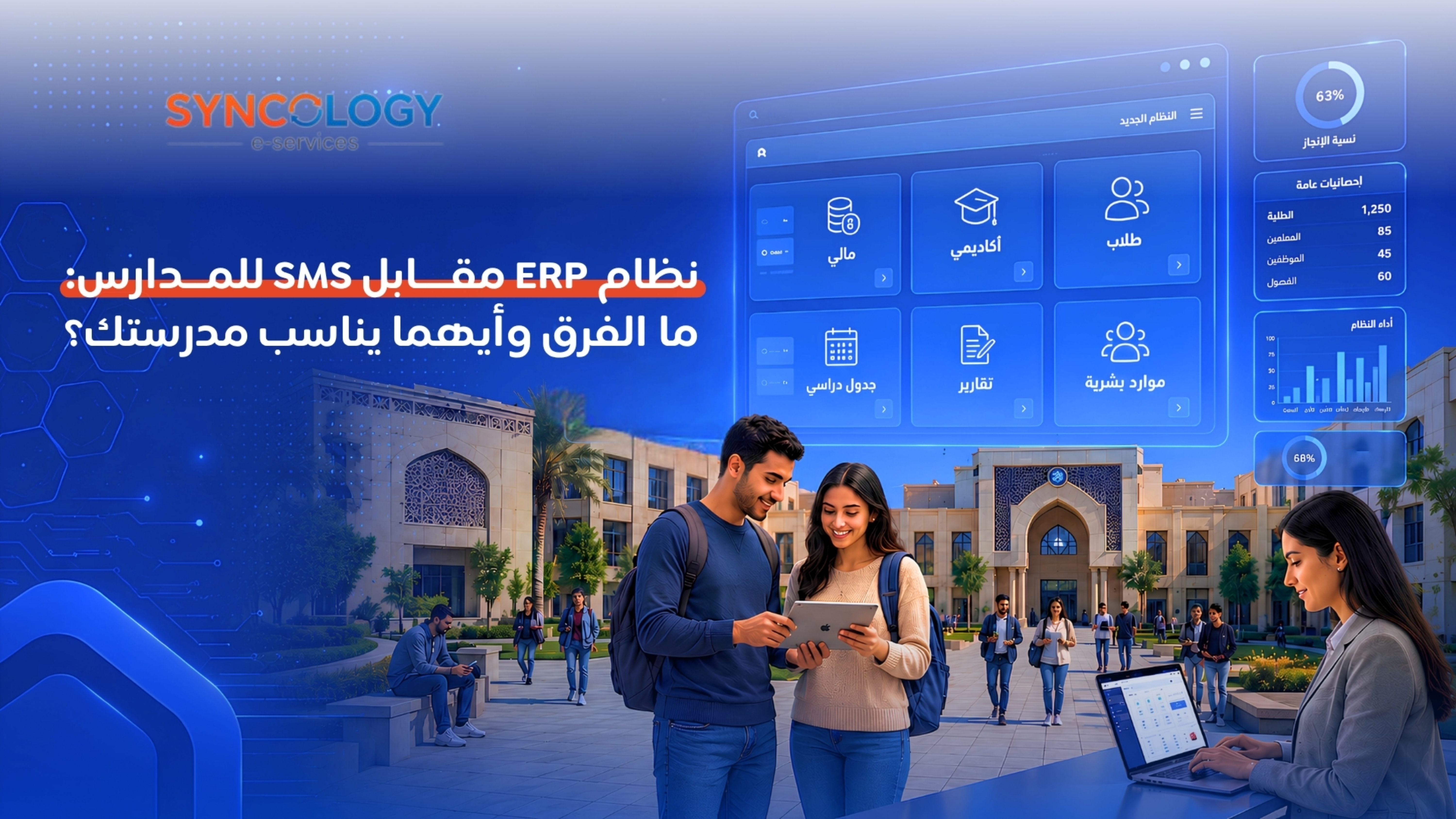 واجهة رقمية لنظام إدارة مدرسي ذكي يظهر لوحات تحكم مالية وأكاديمية وإدارية للمقارنة بين نظام ERP مقابل SMS للمدارس.