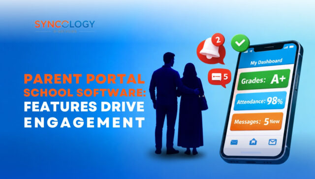 Parent Portal School Software: Features Drive Engagement 3 Silhouette of two parents looking at a smartphone screen displaying student grades, attendance, and instant notifications from a Parent Portal School Software.
