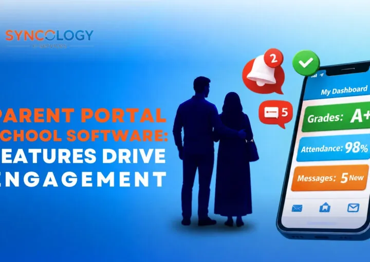 Silhouette of two parents looking at a smartphone screen displaying student grades, attendance, and instant notifications from a Parent Portal School Software.
