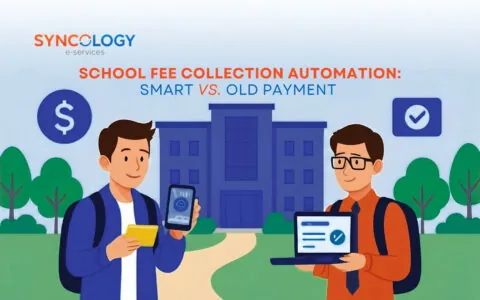 A vector illustration comparing smart versus old payments, showing a student paying via smartphone next to an administrator confirming a digital transaction on a laptop to demonstrate School Fee Collection Automation.