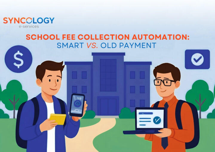 A vector illustration comparing smart versus old payments, showing a student paying via smartphone next to an administrator confirming a digital transaction on a laptop to demonstrate School Fee Collection Automation.