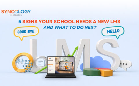 5 Signs your school needs a new LMS - And What to Do Next 7 A 3D graphic showing large letters spelling LMS surrounded by speech bubbles saying GOOD BYE and HELLO next to a laptop displaying the EduSync platform, illustrating signs your school needs a new LMS.