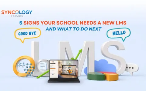 A 3D graphic showing large letters spelling LMS surrounded by speech bubbles saying GOOD BYE and HELLO next to a laptop displaying the EduSync platform, illustrating signs your school needs a new LMS.